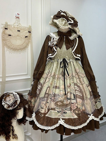 Drucken Lolita Zwei Teddy Haus Stücke Kleid Kaffee Design Lange Grüne Ärmeln