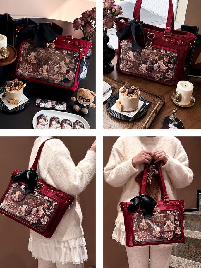 Wine Red Heart Buckle Studded Ita Bag