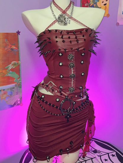 Top + Punk-Nieten-Mini-Set-Rock Rot