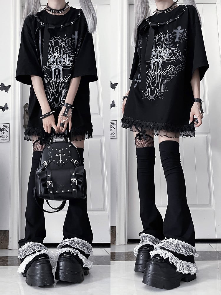 Ribbon Cross Print T-Shirtwith Bow Black NecklineWhite Cotton Gothic