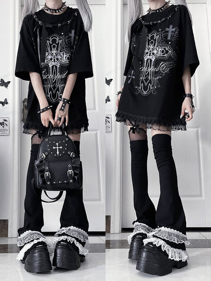 Ribbon Cross Print T-Shirtwith Bow Black NecklineWhite Cotton Gothic