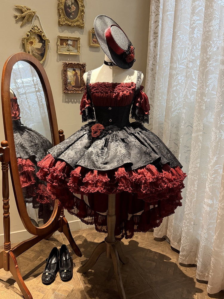Gothic Underbust JSK Dress with Off-Shoulder Blouse, Red & Black, High-Low Skirt - Sheer Ocean