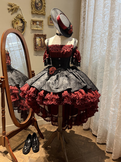 Gothic Underbust JSK Dress with Off-Shoulder Blouse, Red & Black, High-Low Skirt - Sheer Ocean