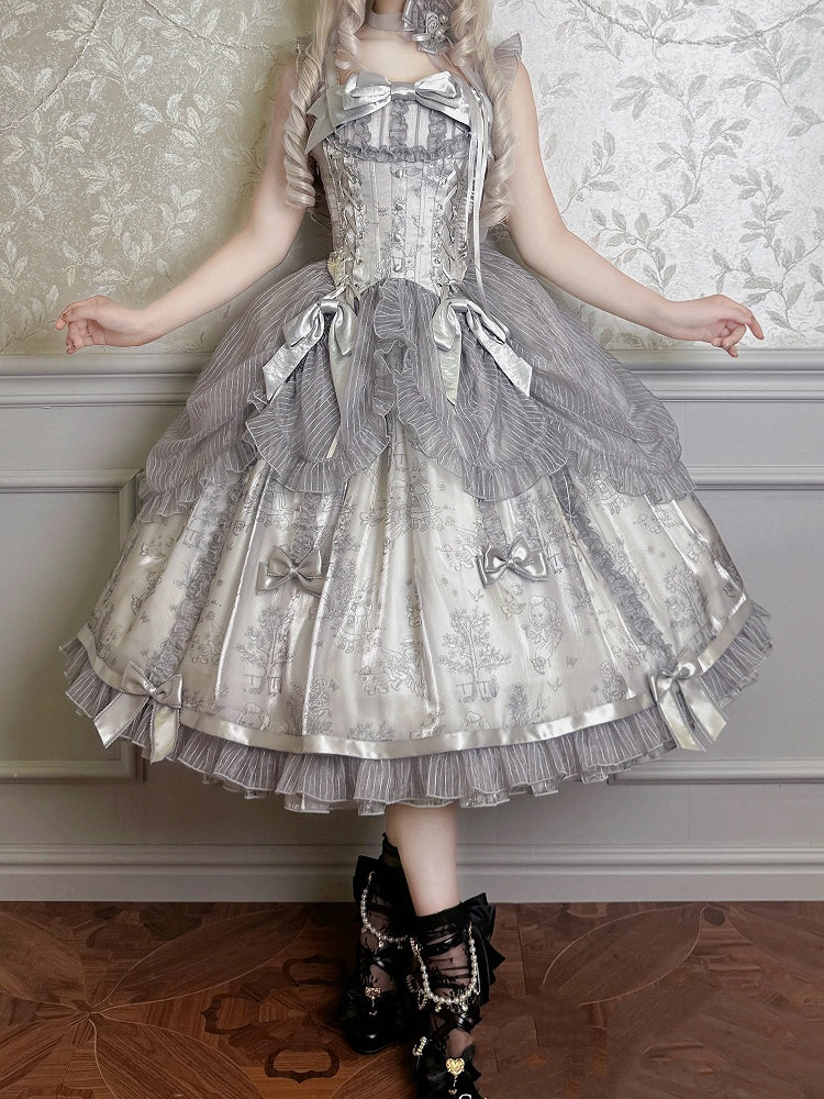 Lolita-Pullover mit Kordelzug, graue Taille, silberner Korsettrock-Overlay
