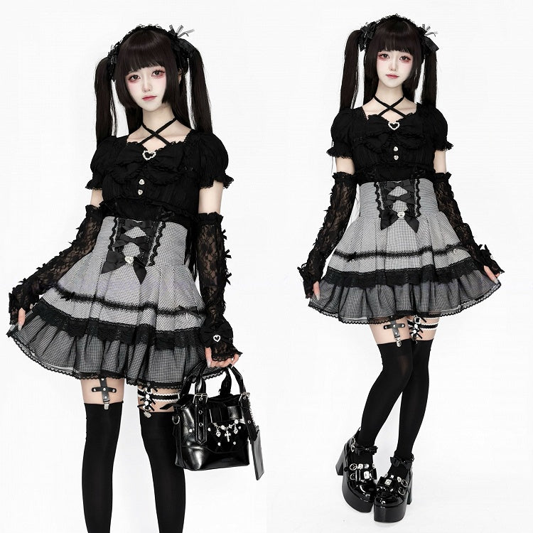 Double-Layer Black Kei Jirai Bow Houndstooth Decoration White Rhinestone Lace with Skirt Detail High-Waisted Tulle