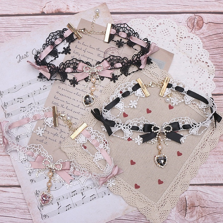 Kei 12 Heart Rhinestone Lace Choker Jirai Bowknot Options Color