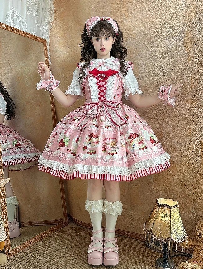 Schleifen süßer Rock und Dessert Lolita Pullover Print Erdbeerrosa