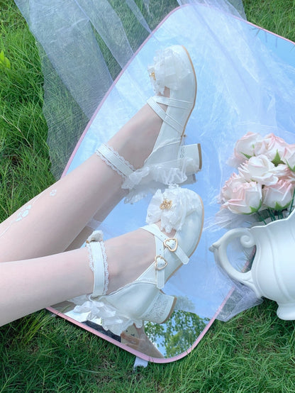 Sweet Design Top Decorated Lolita Lace Shoes Crisscross Trim White at Beaded Bow