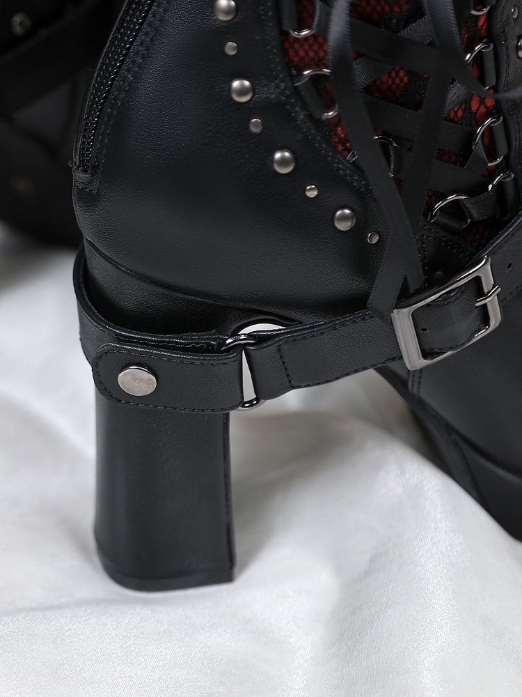 Gothic Lacing Crisscross Studded System PU Dual Black Fastening Boots Details - with High-heel Ankle