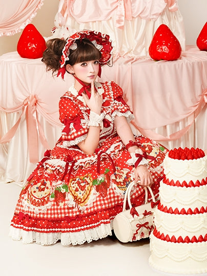 Sleeves Hem Print Lolita Puff Red Ruffle Cake Dress Strawberry with Sweet