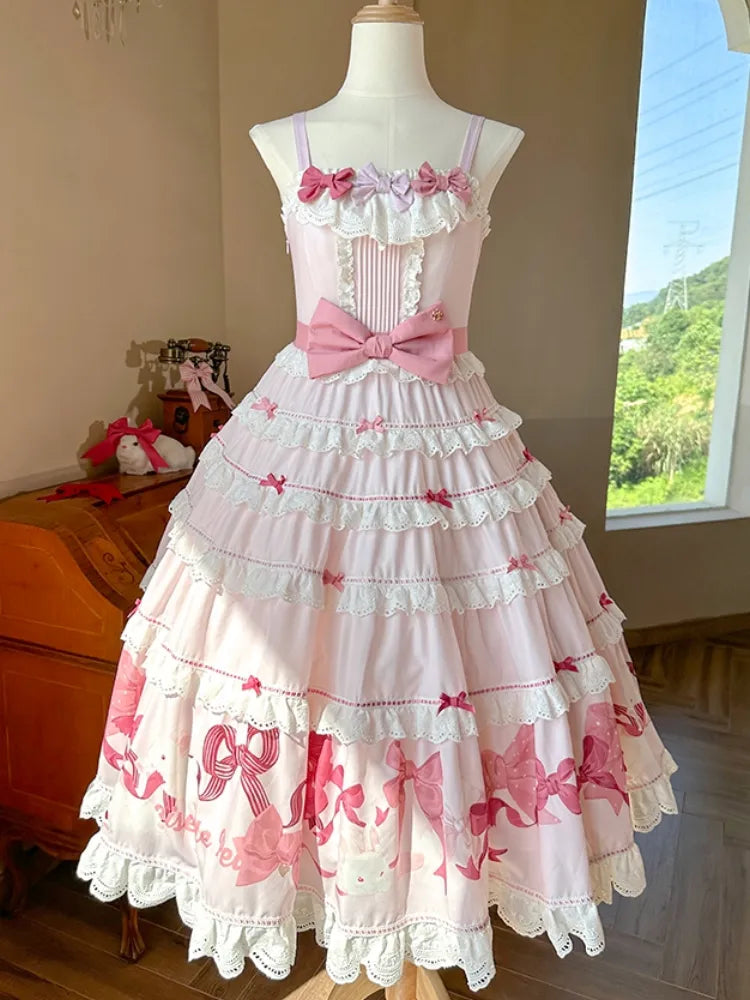 スカート スイートピンク キュート ドレス ジャンパー リボン プリント ロリータ バニー