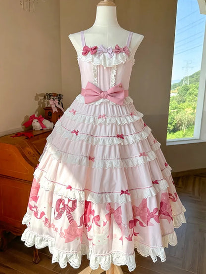 スカート スイートピンク キュート ドレス ジャンパー リボン プリント ロリータ バニー