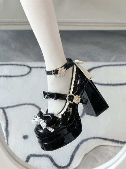 High Block Heel Round-Toe with Lolita Black 11cm Heels Height Platform Elegant