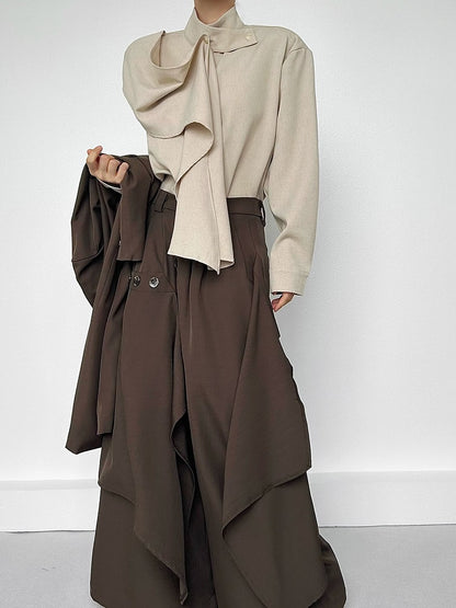 Button Sleeve Long Extended Stand with Shirt Unisex Collar Khaki