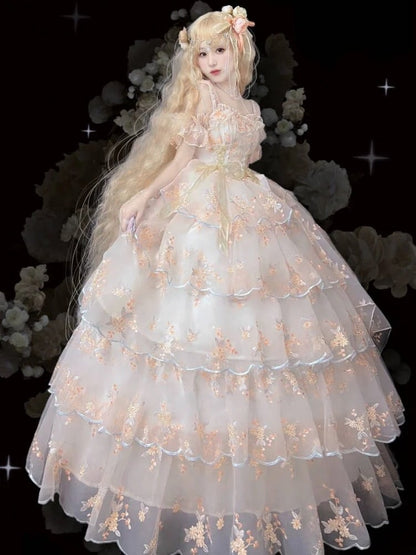 Wrist Full Painting-Inspired Apricot Lolita Skirt + Set Short Elegant Embroidered Cuffs Hanayome JSK - Oil Extension Large Floral Dress White Bow Brooch