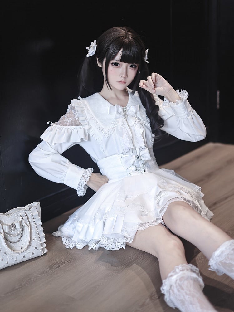 Crisp White Ryousangata Blouse with Lace Cutout Shoulders & Long Sleeves - Ekomi