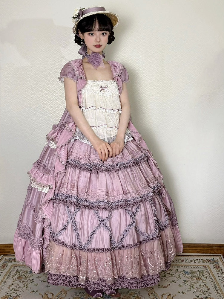 House Ruffle Dress Front Self-tie Straps Purple Cascading Placket Style Pink Lolita