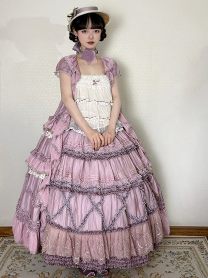 House Ruffle Dress Front Self-tie Straps Purple Cascading Placket Style Pink Lolita