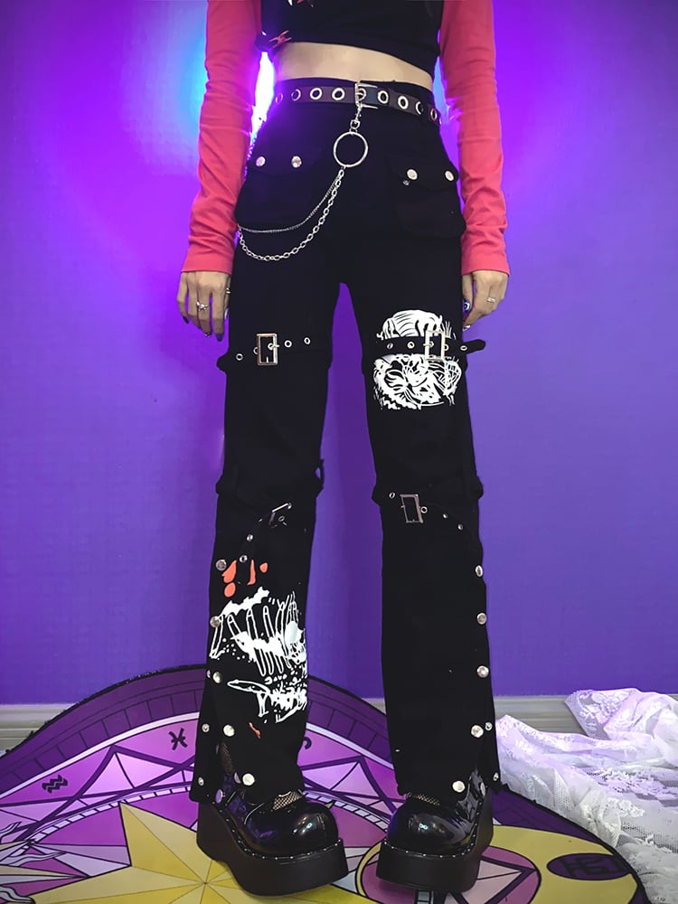 Straps Black Pants Y2K Straight-leg with Buckle
