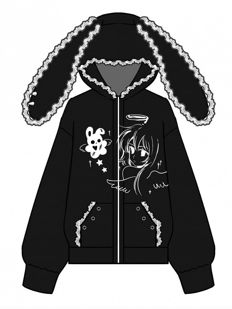 Black Girl Hoodie Bunny Anime Jirai Kei and with Design Print Ear