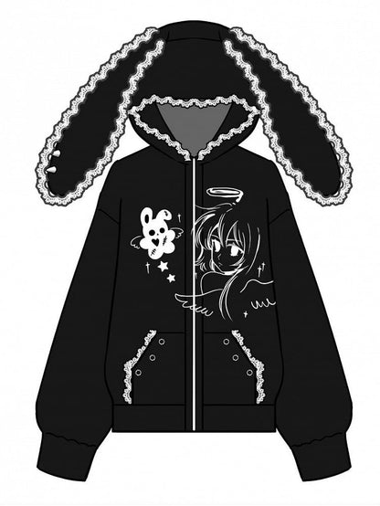Black Girl Hoodie Bunny Anime Jirai Kei and with Design Print Ear