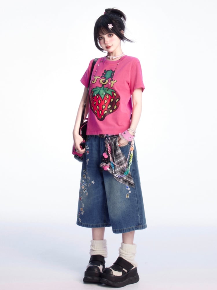 ヴィンテージTシャツ ローズレッド ラウンドネック ストロベリープリント