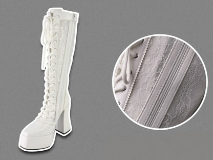 ゴシックホワイトフロントレースアップタイレースプラットフォームハイブロックヒールニーハイブーツ
