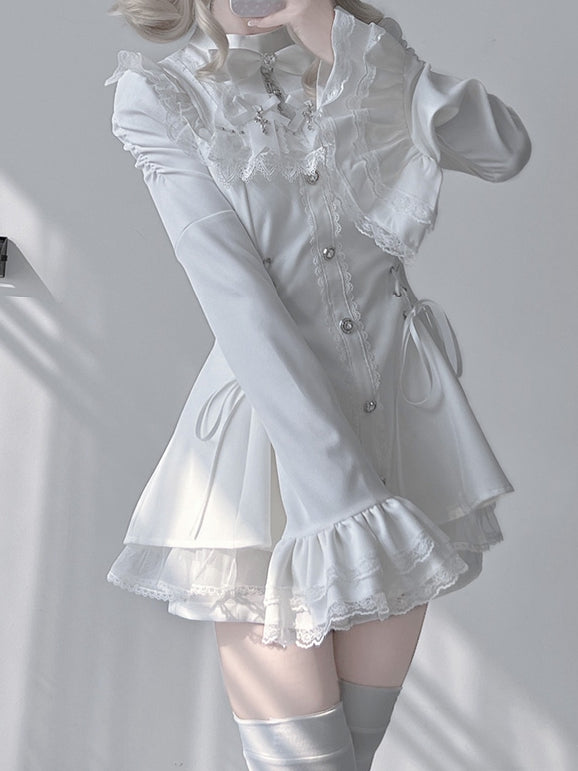 Matching Detachable Set: Bow Lace-Up Bell Sleeve with Waist Shorts Coord Kei Dress White Bib Tie Jirai