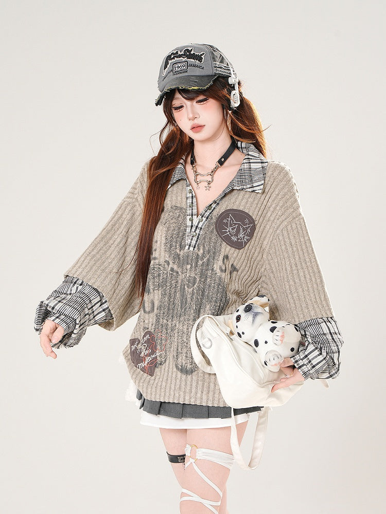 Kariertes Bärentop: Beige-Grau mit Patchwork-Strick-V-Ausschnitt Preppy