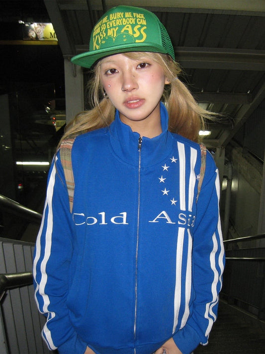 Neck Embroidery Lettering Stripe Jacket Zip Blue Mock with Trim