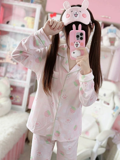 Set Strawberry Cat Light Pajama - Paw Print Pink