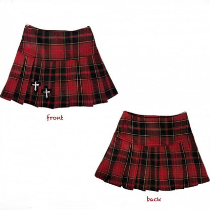 ゴシックレッドクロスチャームチェック柄ウールプリーツミニスカート