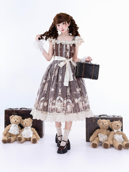 Brown Angel Unicorn Lolita JSK Dress with Floral Print and Ruffle Trim - Qian Mu