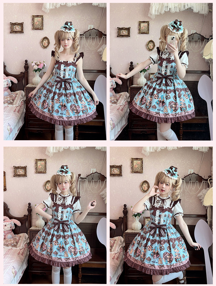 Lolita Dress Sleeves Vintage Teddy Bear Print Sweet  Flutter Mint Green JSK