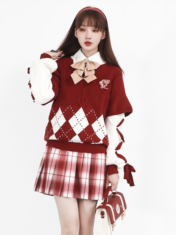 Red White Sleeves Christmas Sweater and Lace-Up Pullover Pattern with Diamond Hem