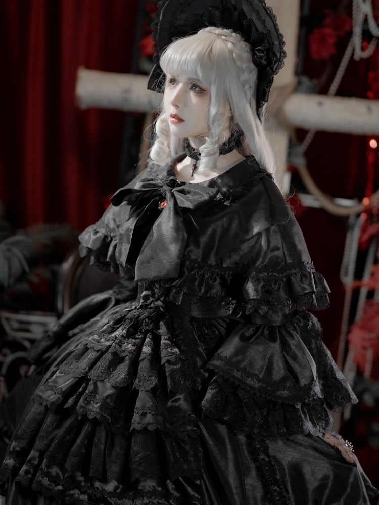 Bow Black Lolita Gothic Big Cape Self-tie Neckline