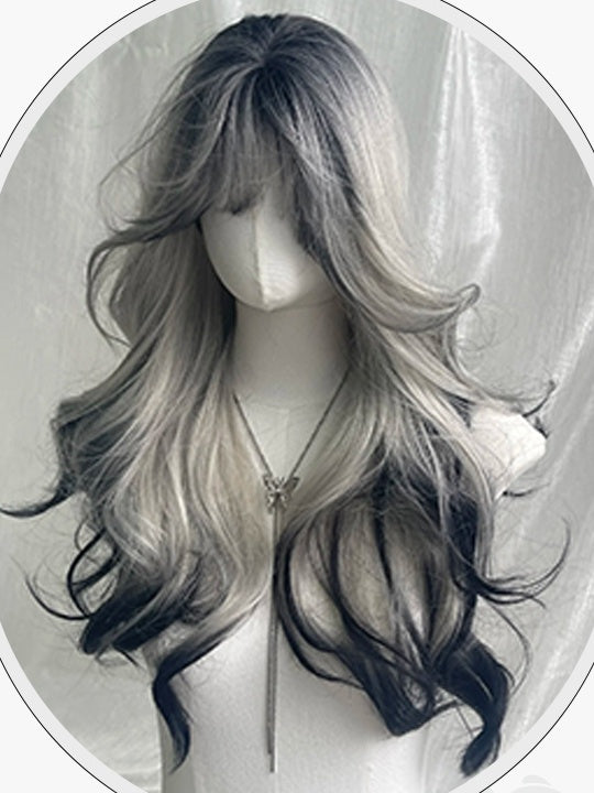 Black And White Highlights Waist Length Wavy Synthetic Wig With Bangs