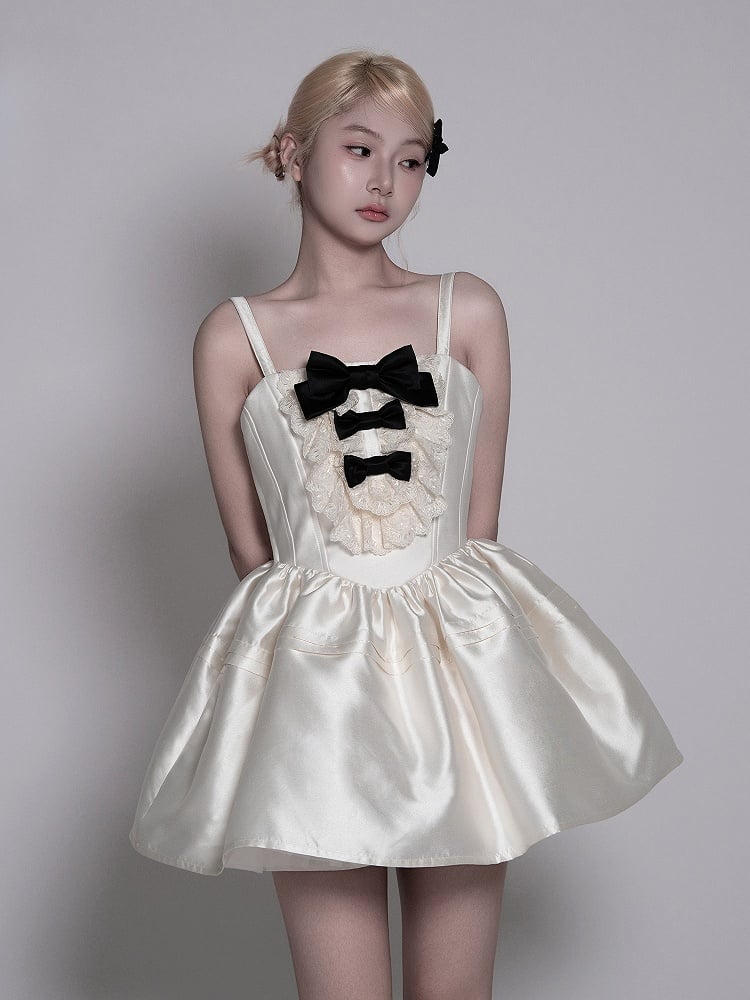 and Waist Basque Sweet Lolita Details Dress with Lace Layered White Bow