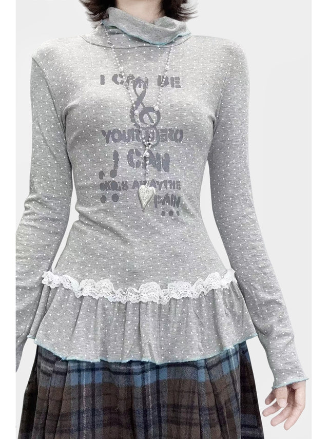 Long Light High Sleeve Y2K - Grey Neck Dots Polka