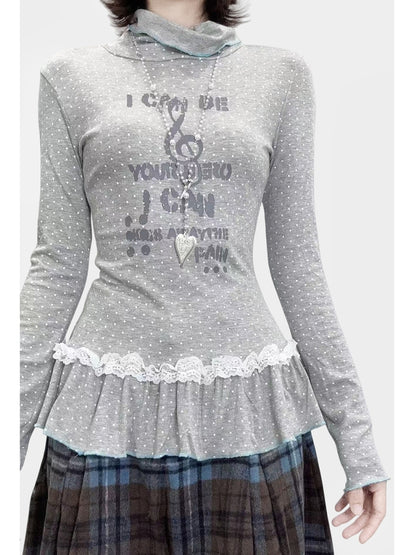 Long Light High Sleeve Y2K - Grey Neck Dots Polka