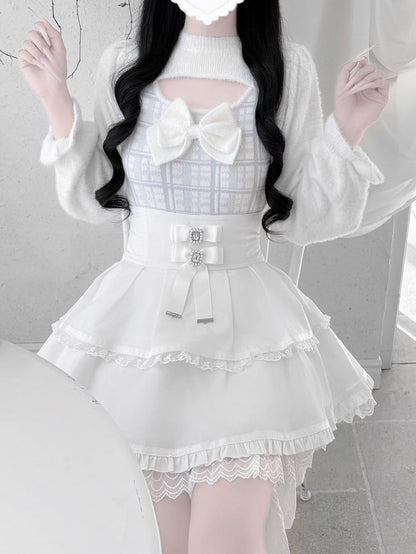 Landmine with Light Sweater Blue Mink Plaid Open-Front Accent Plush Bow Style