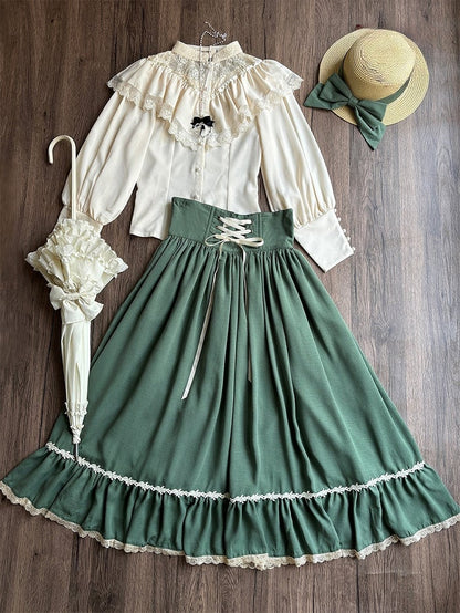 Green Boned High Waist Elegant Classic Lolita Skirt with Lace Trim