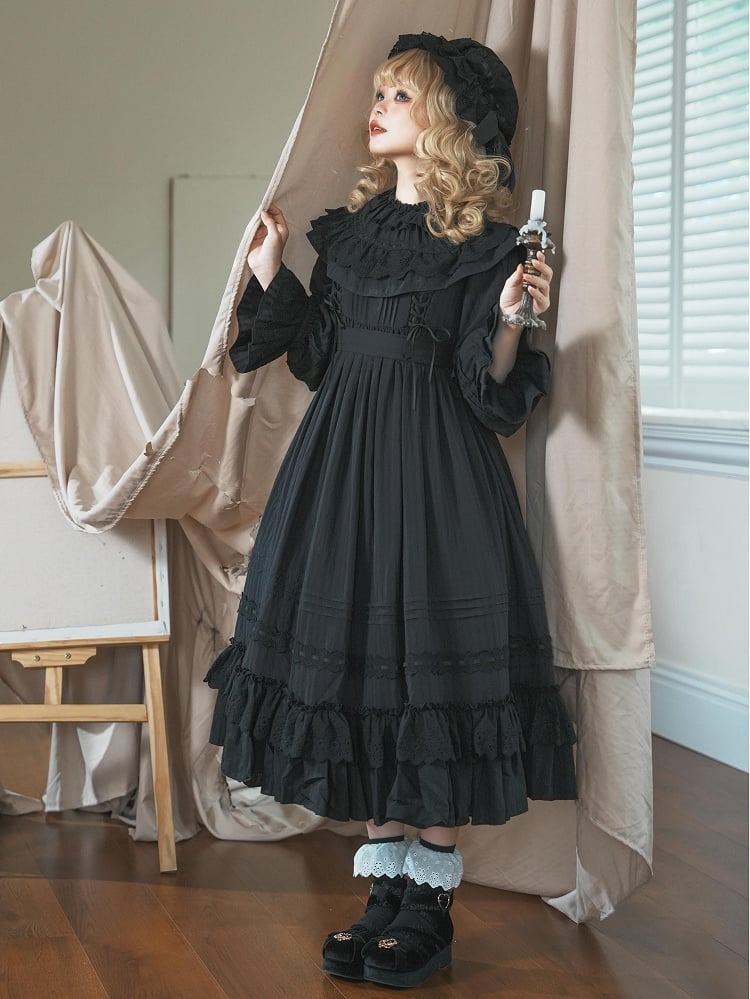 Neck Gothic Black All Lolita Sleeves Kuro Dress Long Layered Ruffle Hemline Ruffled