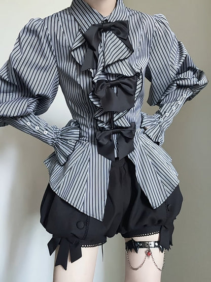 Striped Long Sleeve Ouji Lolita Blouse in Black with Bow Details - Danger Girl