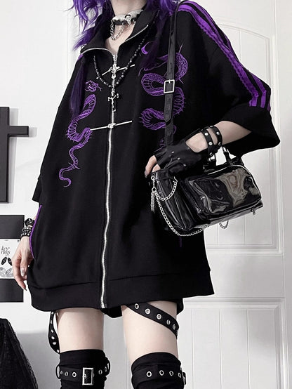 Black Style Jacketwith Striped Embroidery Gothic Purple SleevesSnake Cheongsam Short Tracksuit