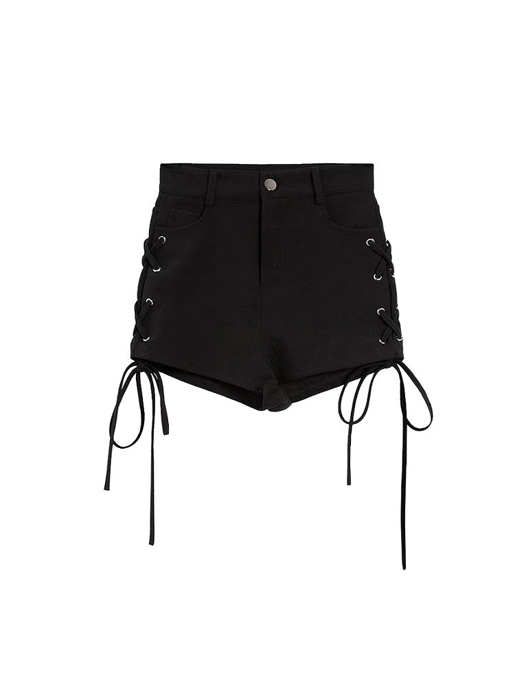 Lace-Ups Side Shorts Fly Crisscross with Button Black Summer