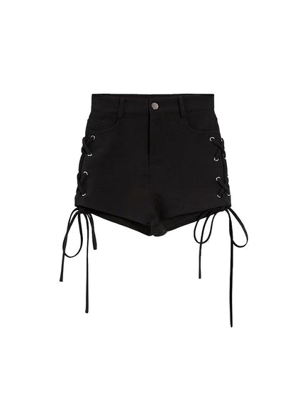 Lace-Ups Side Shorts Fly Crisscross with Button Black Summer