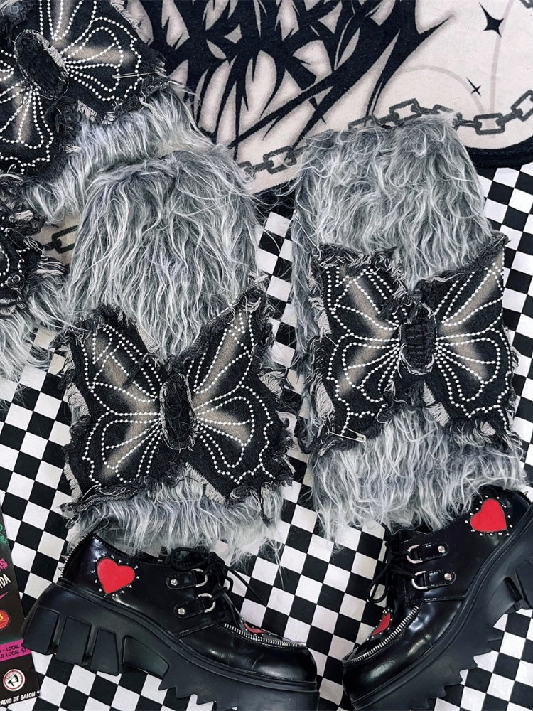 グレー Y2K バタフライアップリケ 40cm シャギーレッグウォーマー