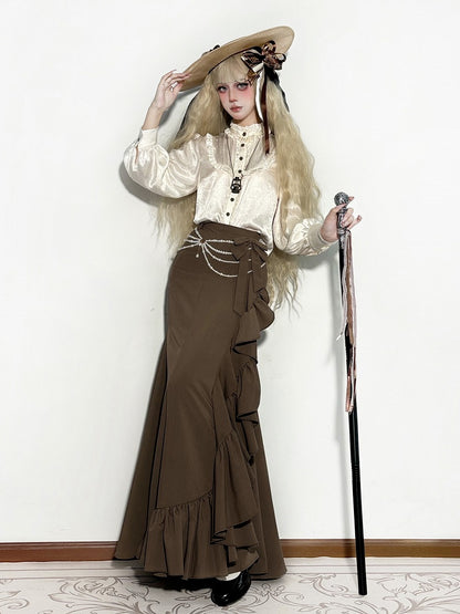 Brown Elegant Mermaid Skirt with Cascading Ruffles - MUYU