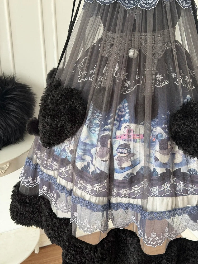 Black Lolita Jumper Dress Penguin Snowball Winter Plush Heart Pocket Theme - Lineall Cat